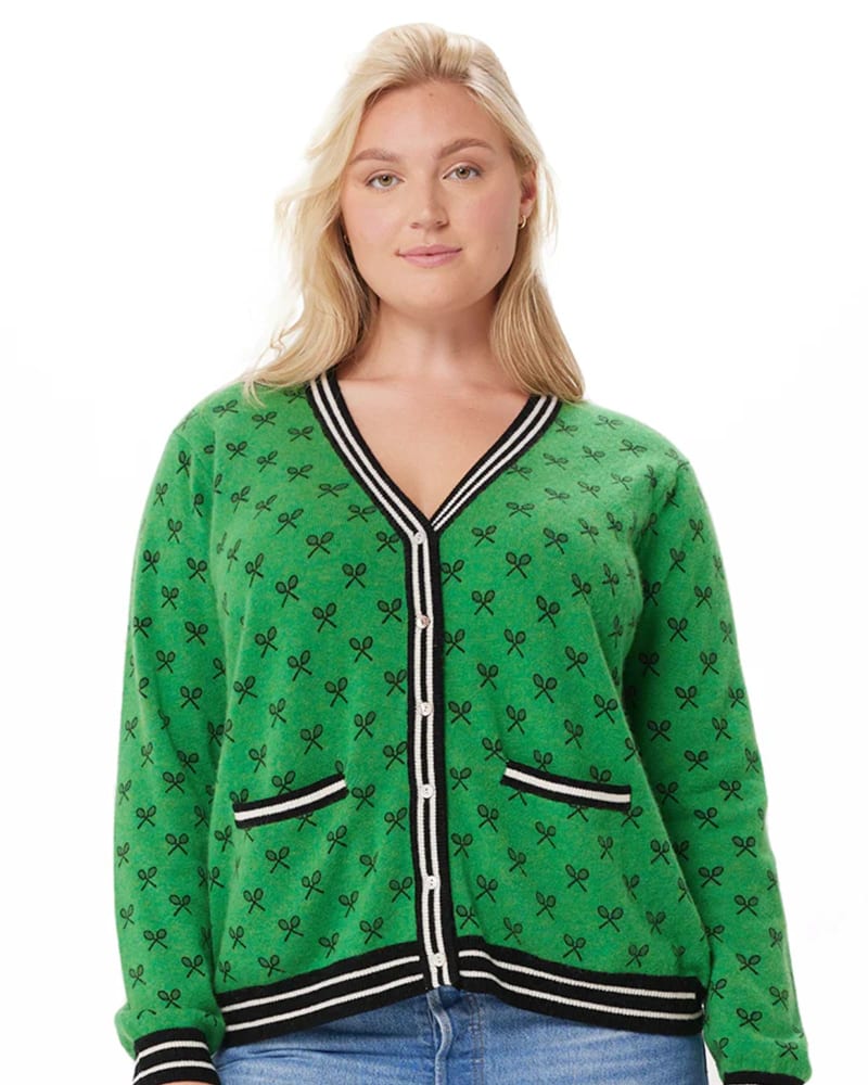 Front of a model wearing a size 2X Cashmere Tennis Print Cardigan in Golf Green by Minnie Rose. | dia_product_style_image_id:302685